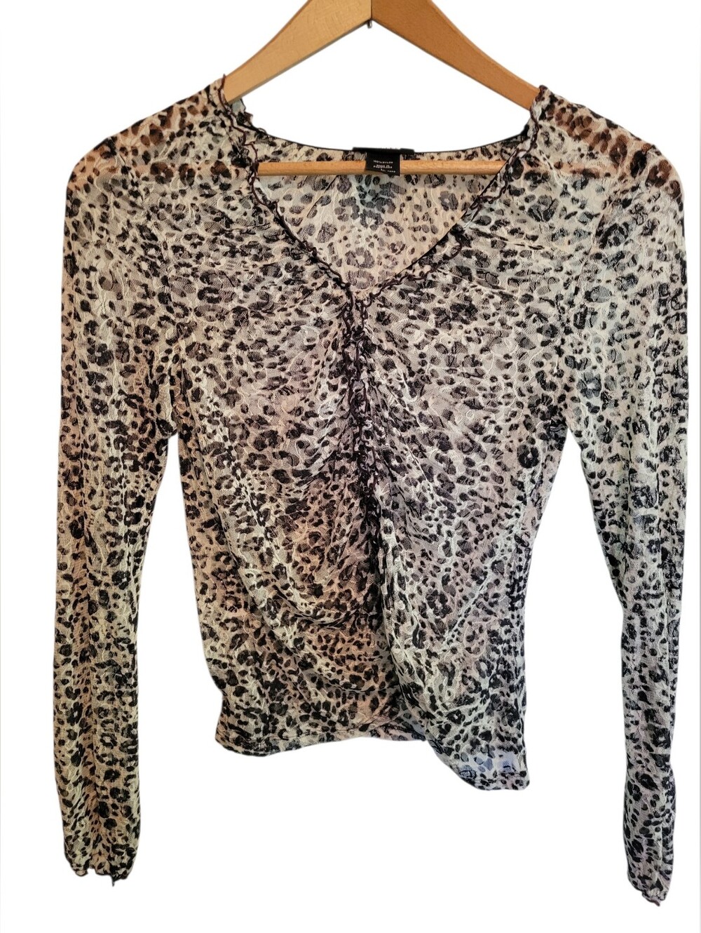Y2K Express leopard print sheer mesh blouse ruching & micro-ruffle Size Medium